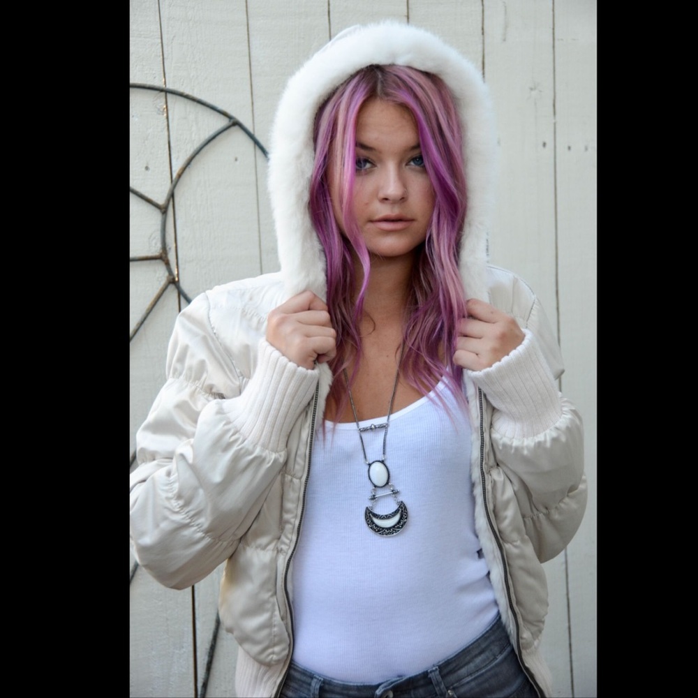 Reversible rabbit and satin cropped jacket.